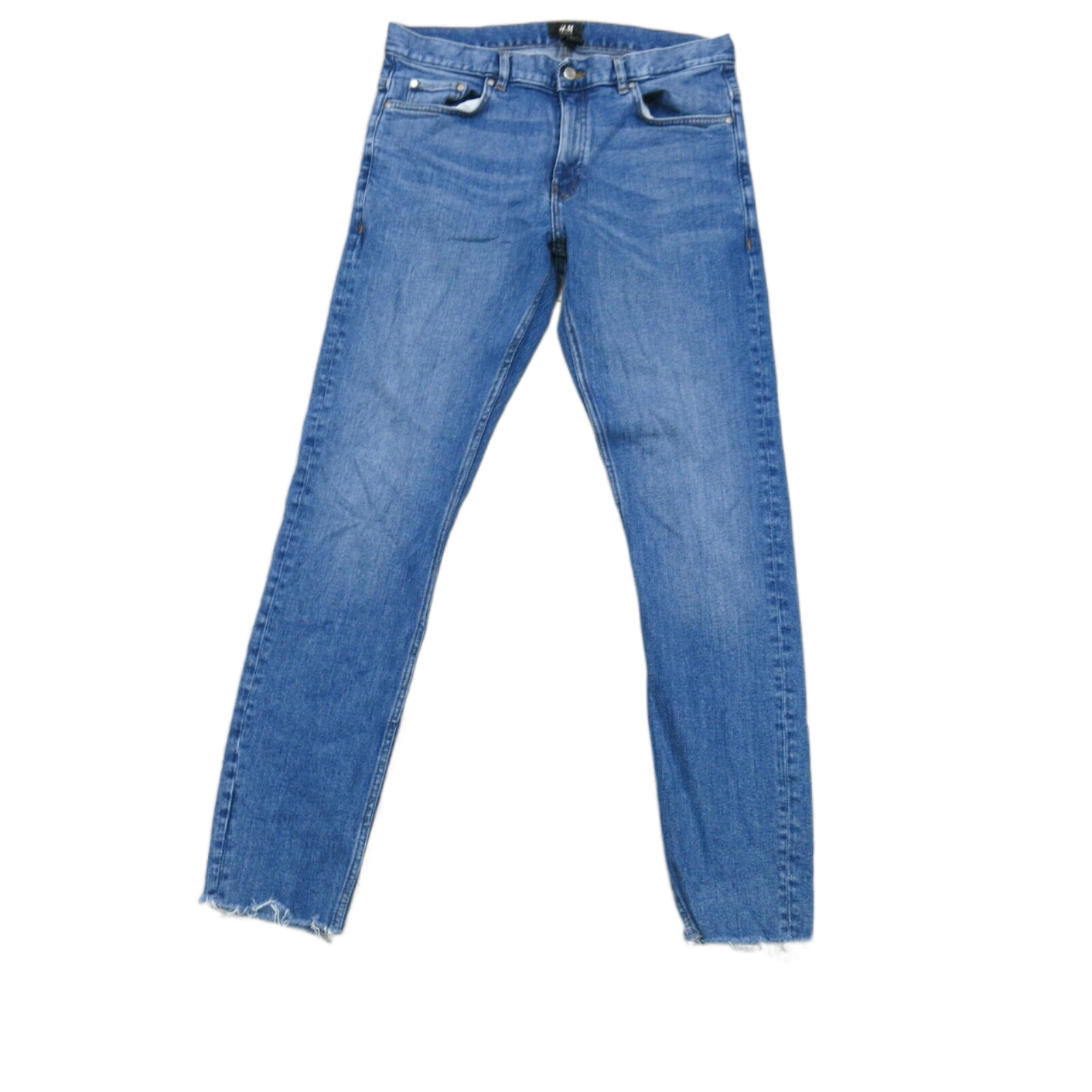 H M Mens Jeans Skinny Fit Denim Stretch Raw Hem Mid Rise Pockets Blue