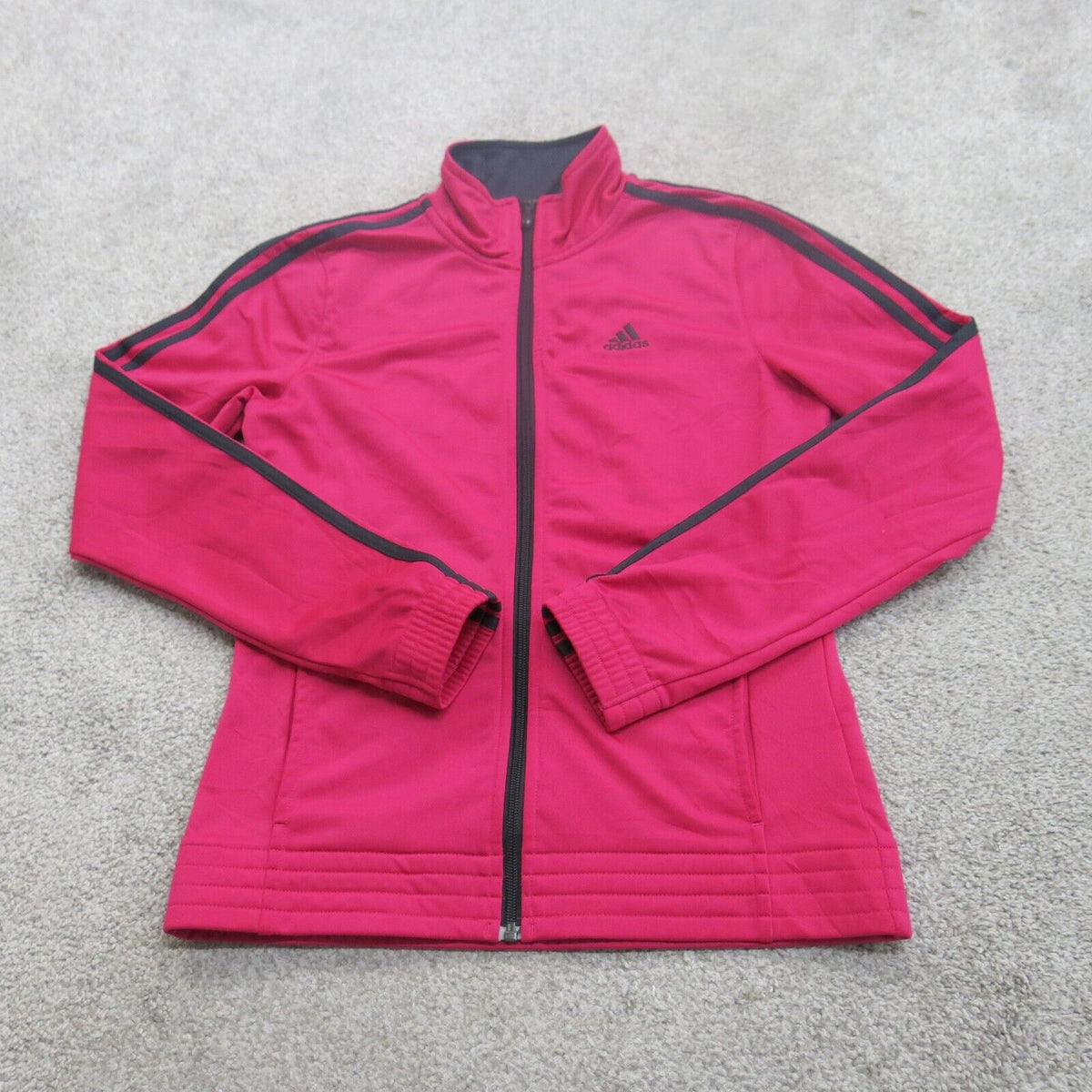 Pink adidas jacket with black stripes on sale