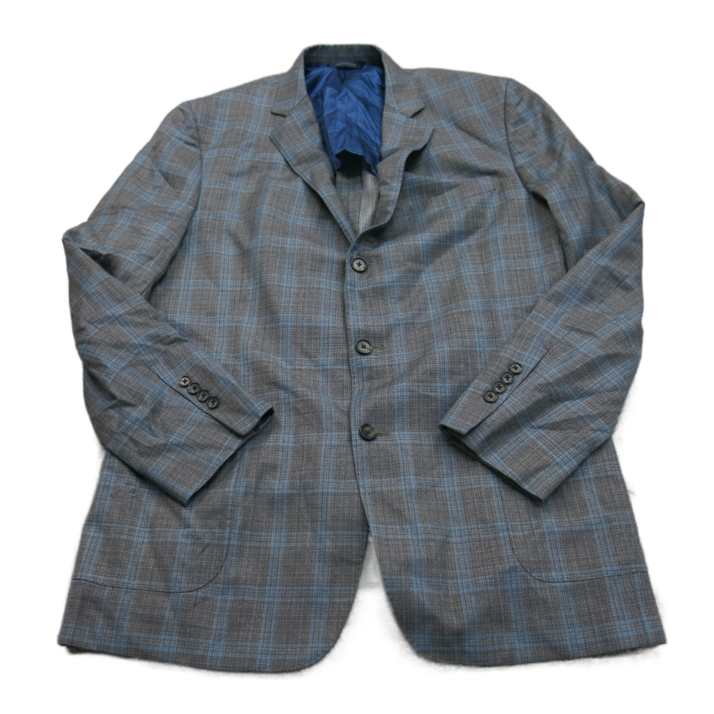 Vintage Mens Blazer Coat Single Breasted Long Sleeves Plaid Black Blue Size 43L