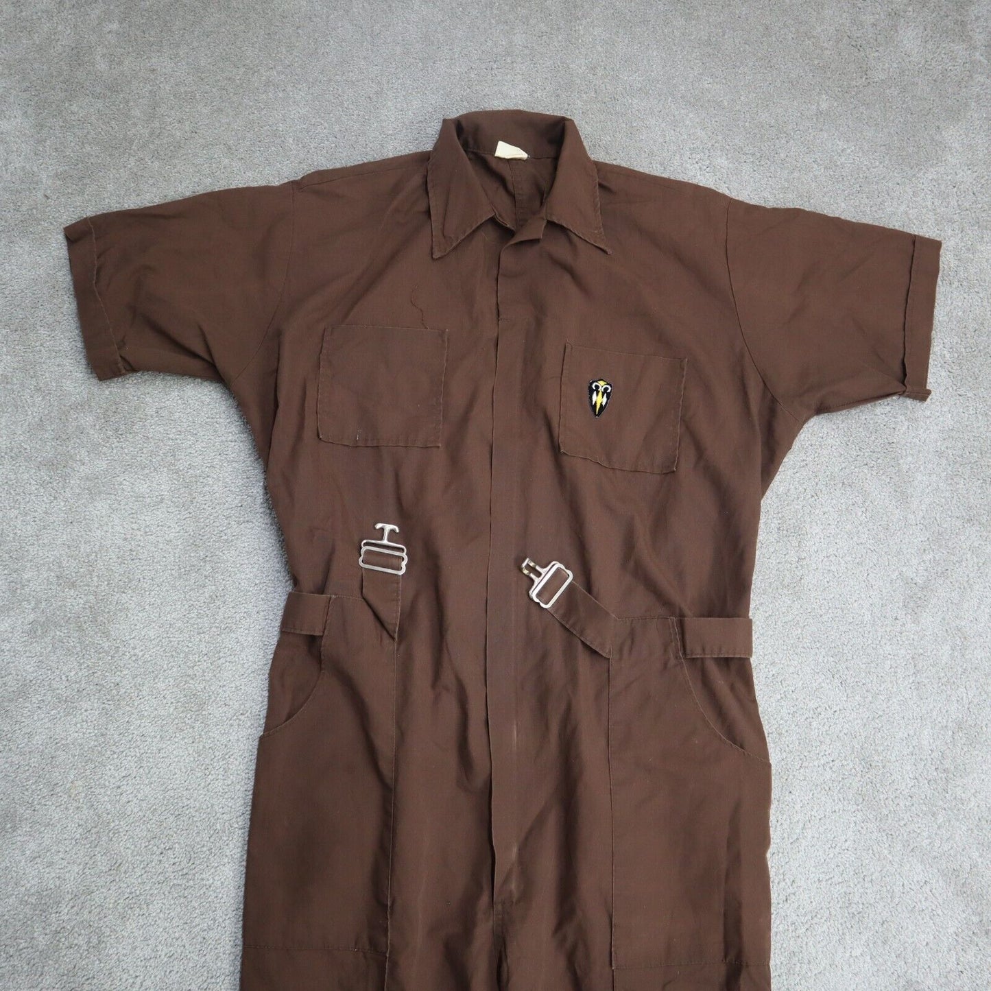 Vintage Men Insulated Coverall Jumpsuit Short Sleeves Tie Waist Brown Size Large