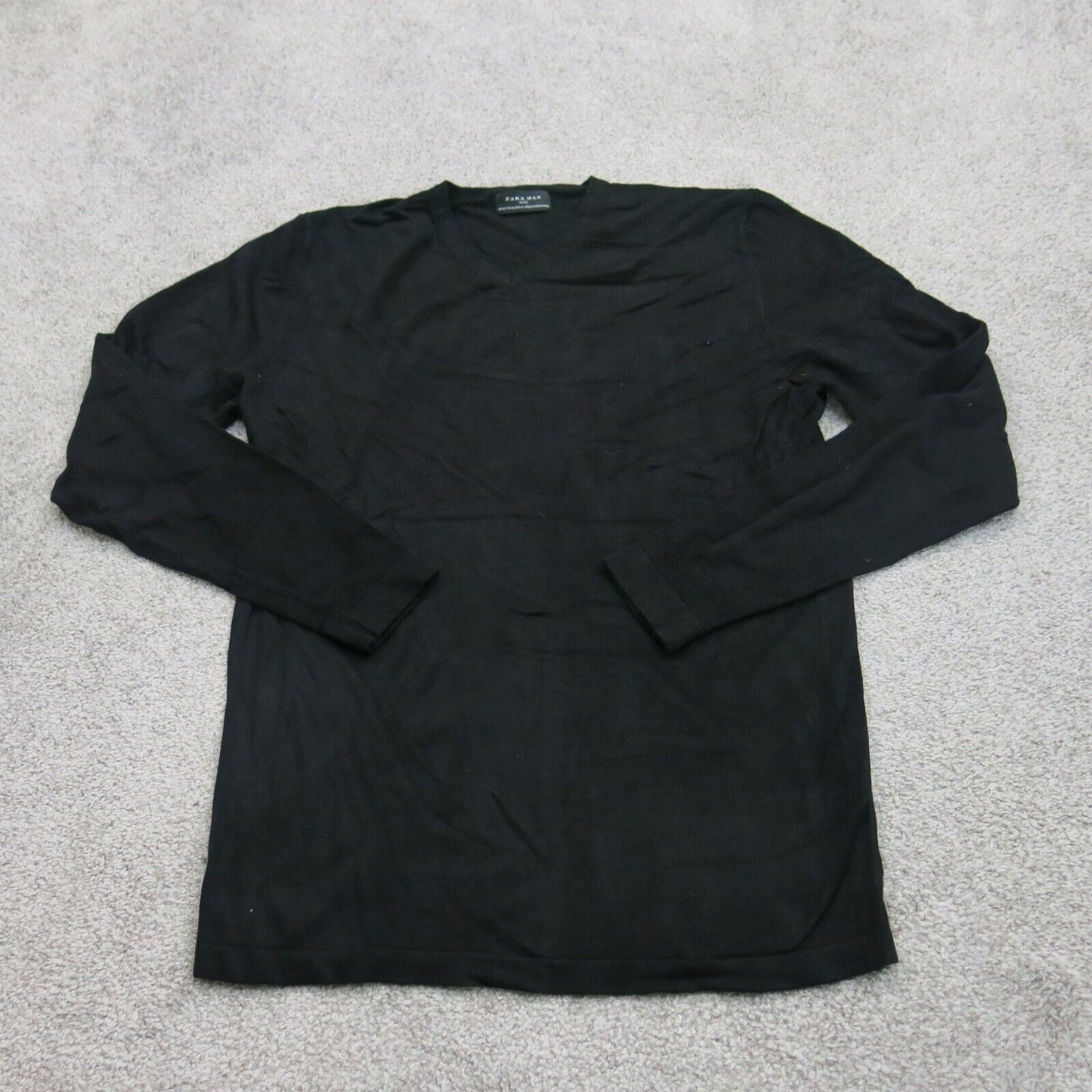 Zara Man Basic Men Pullover Sweatshirt V Neck Long Sleeve Solid Black SZ Medium