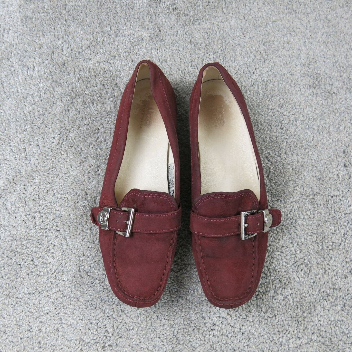 UGG Women Mocs Flat F8007D Maroon Leather Slip On Loafers Shoe Buckle Size US 7