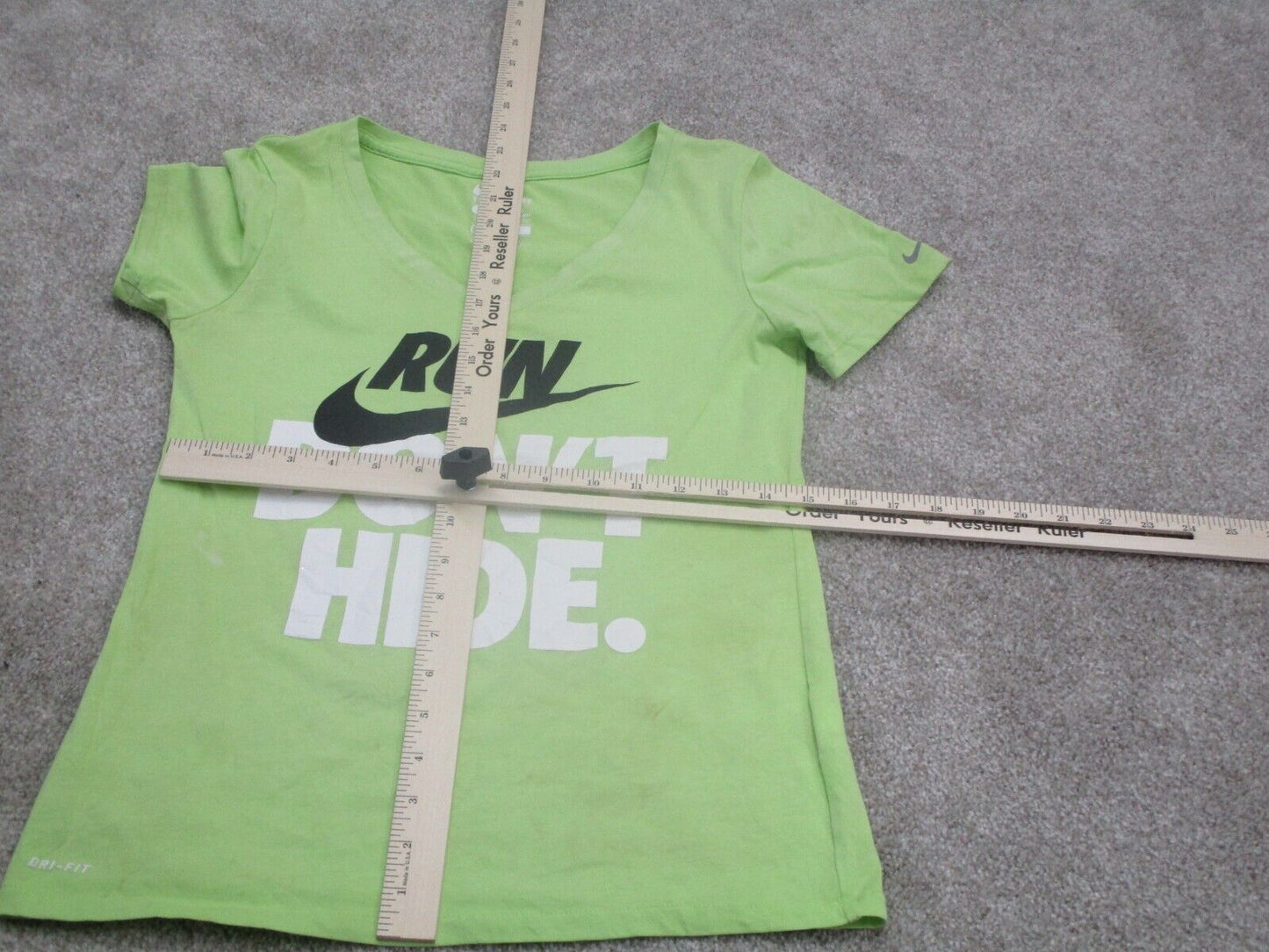 Nike Sports T Shirt Girls Small Lime Green Short Sleeves Graphics Run Dont Hide