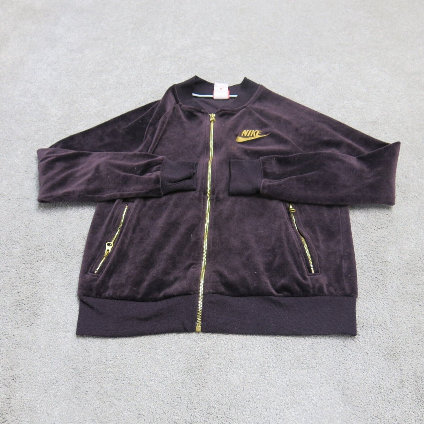 Nike Women Full Zip Up Velvet Jacket Long Sleeve Zipper Pocket Maroon/Purple XS