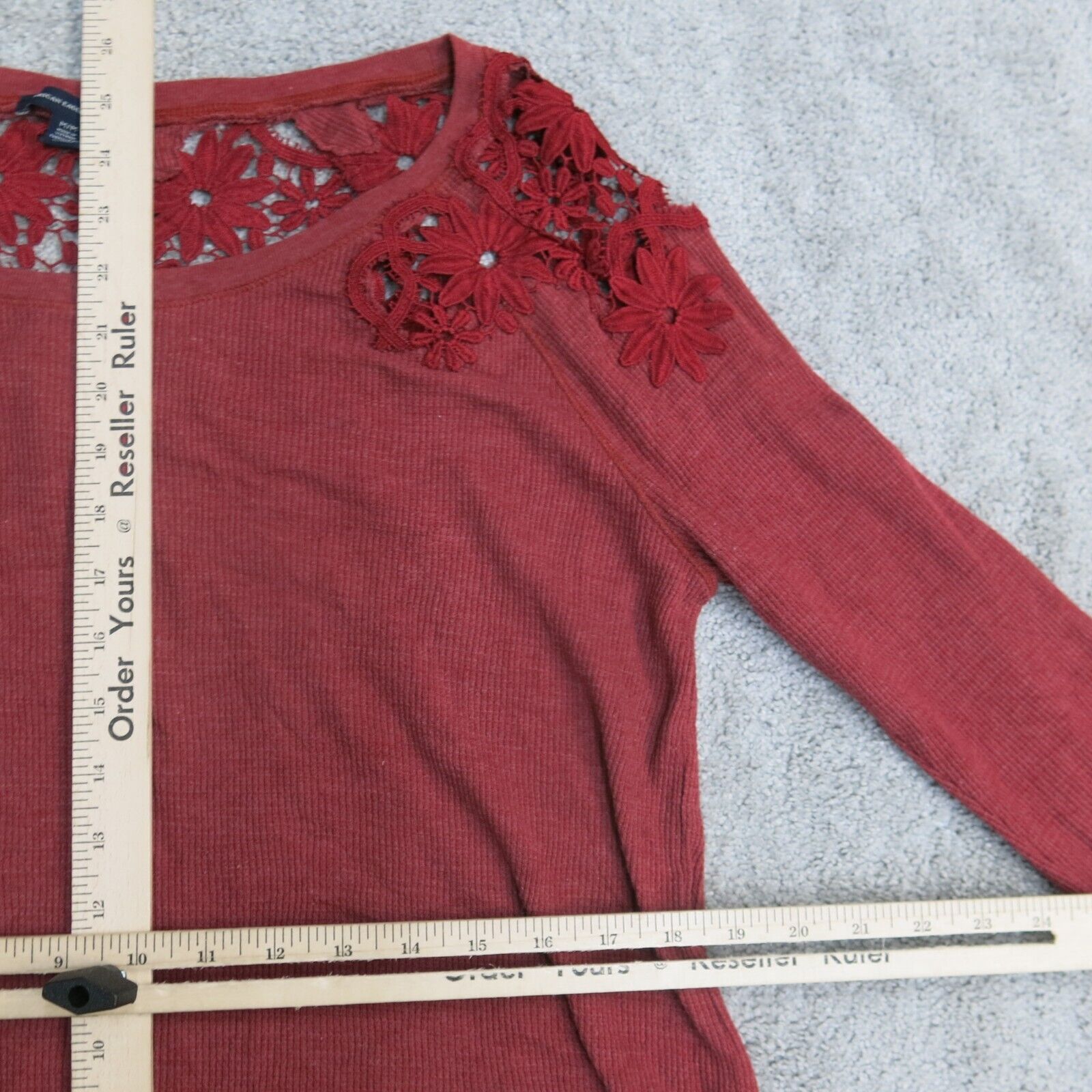 American Eagle Womens Medium Red Thermal Shirt with Lace Crochet