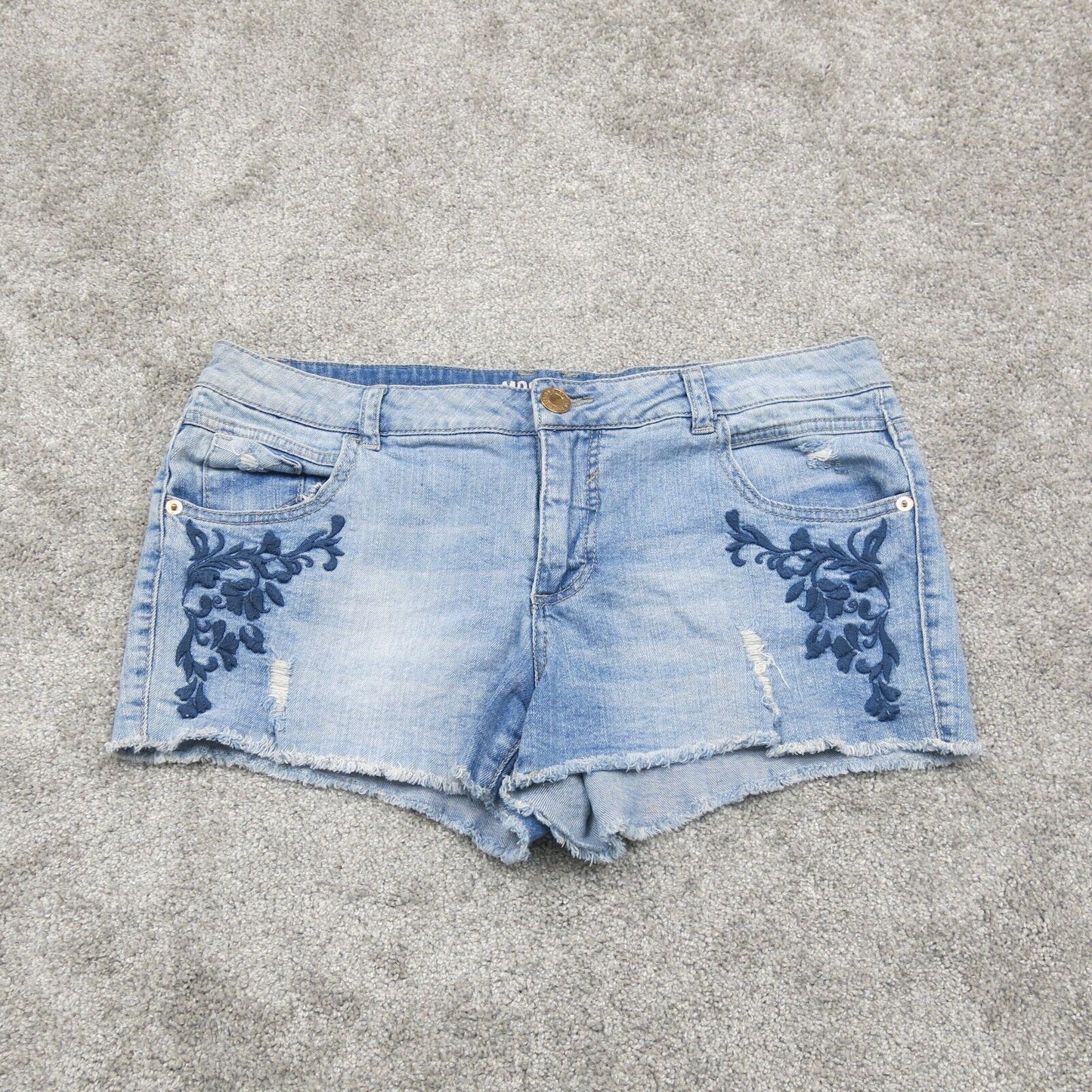 Mossimo Womens Cut-Off Shorts Denim Low Rise Embroidered Zip LT Wash Blue SZ 15