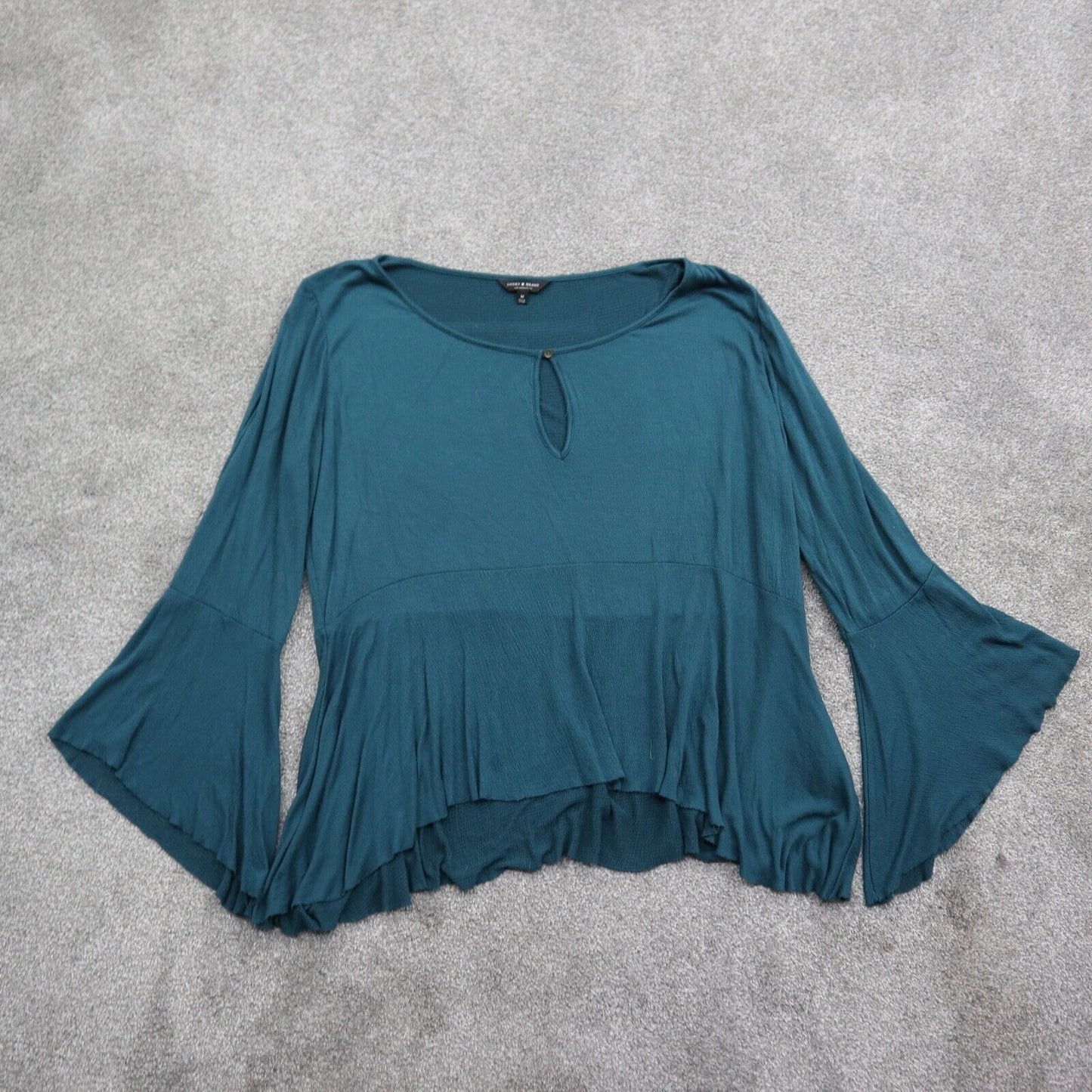 Ann Taylor Womens Bell Sleeve Blouse Top Round Neck Front Keyhole Teal Blue Sz M