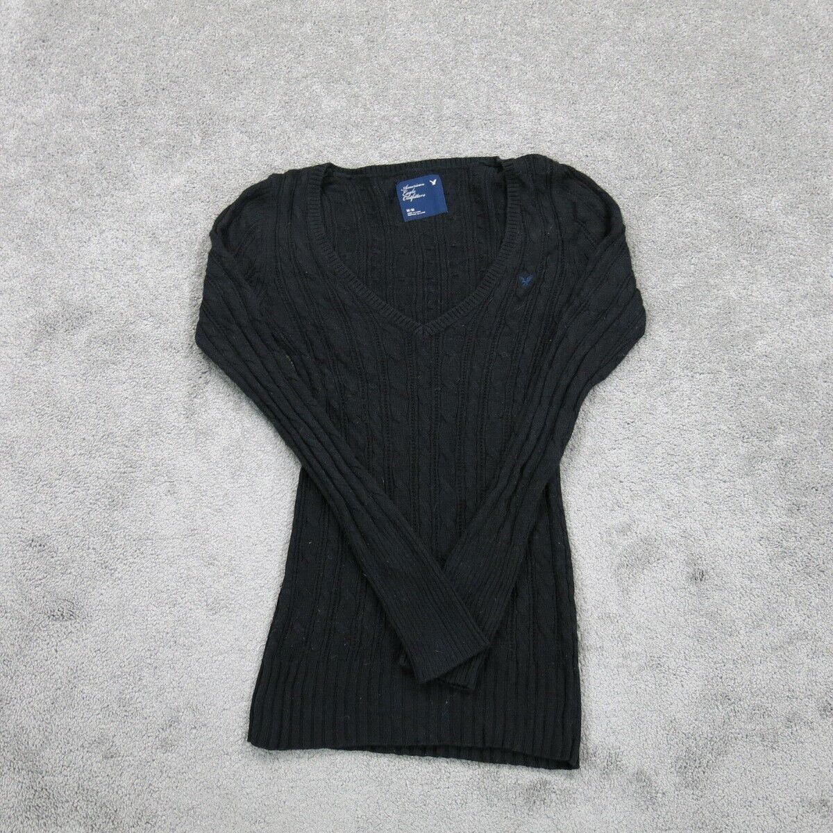 American Eagle Women Pullover Knitted Sweater Long Sleeve Logo Black S Goodfair