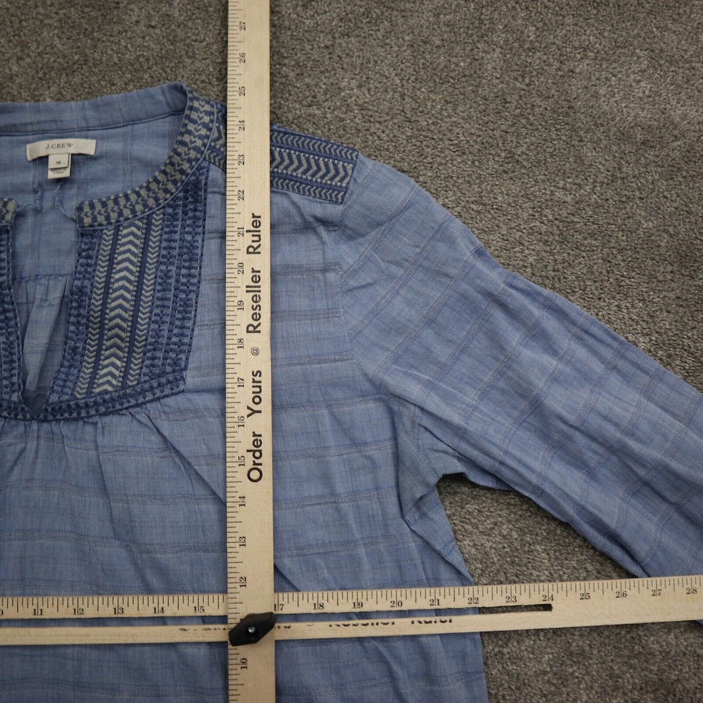 J. Crew Women Embroidered Bib Peasant Top Stretch Long Sleeve Striped Blue Sz 12