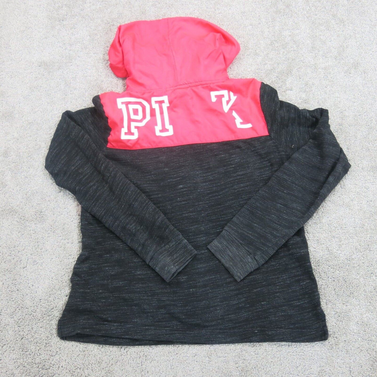 Pink Victorias Secret Women 1/4 Zip Hoodie Sweater Long Sleeve Black/Hot Pink M