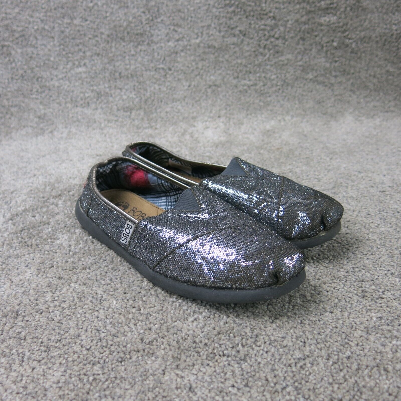 BOBS Shoes Womens Gray Sparkle Slip On Comfort Foam Casual Flats