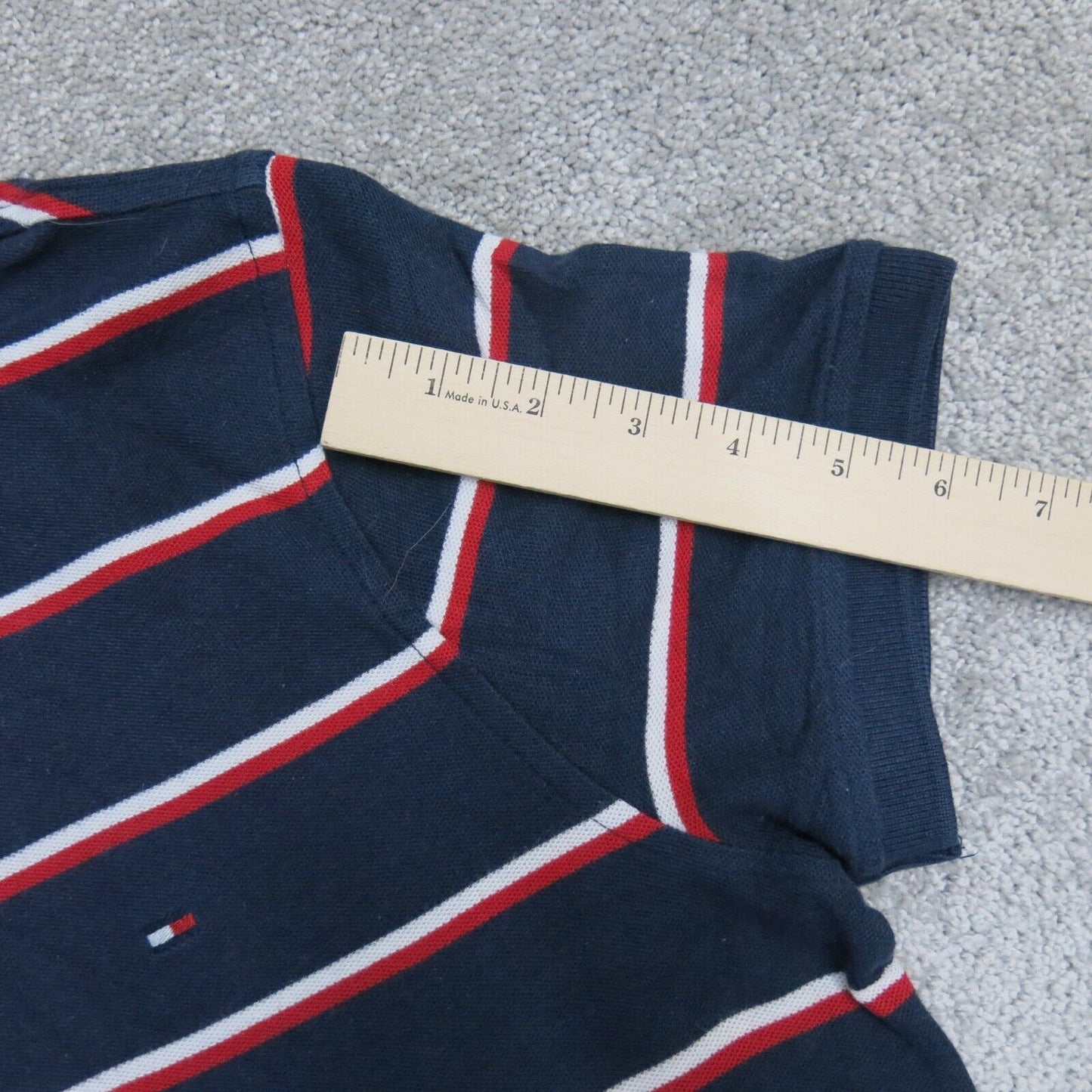 Tommy Hilfiger Mens Striped Polo Shirt Sleeves Navy Blue White Red Size XS