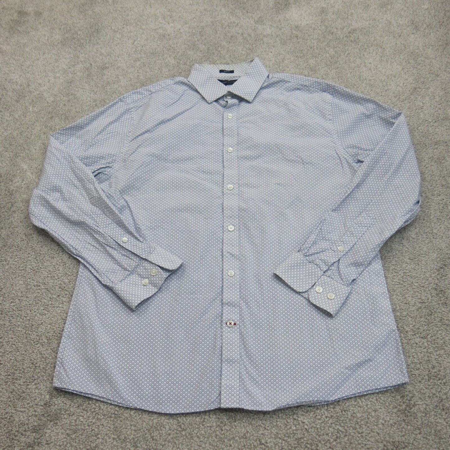Tommy Hilfiger Mens Button Up Polka Dot Shirt Collard White Blue Size L 16 32/33
