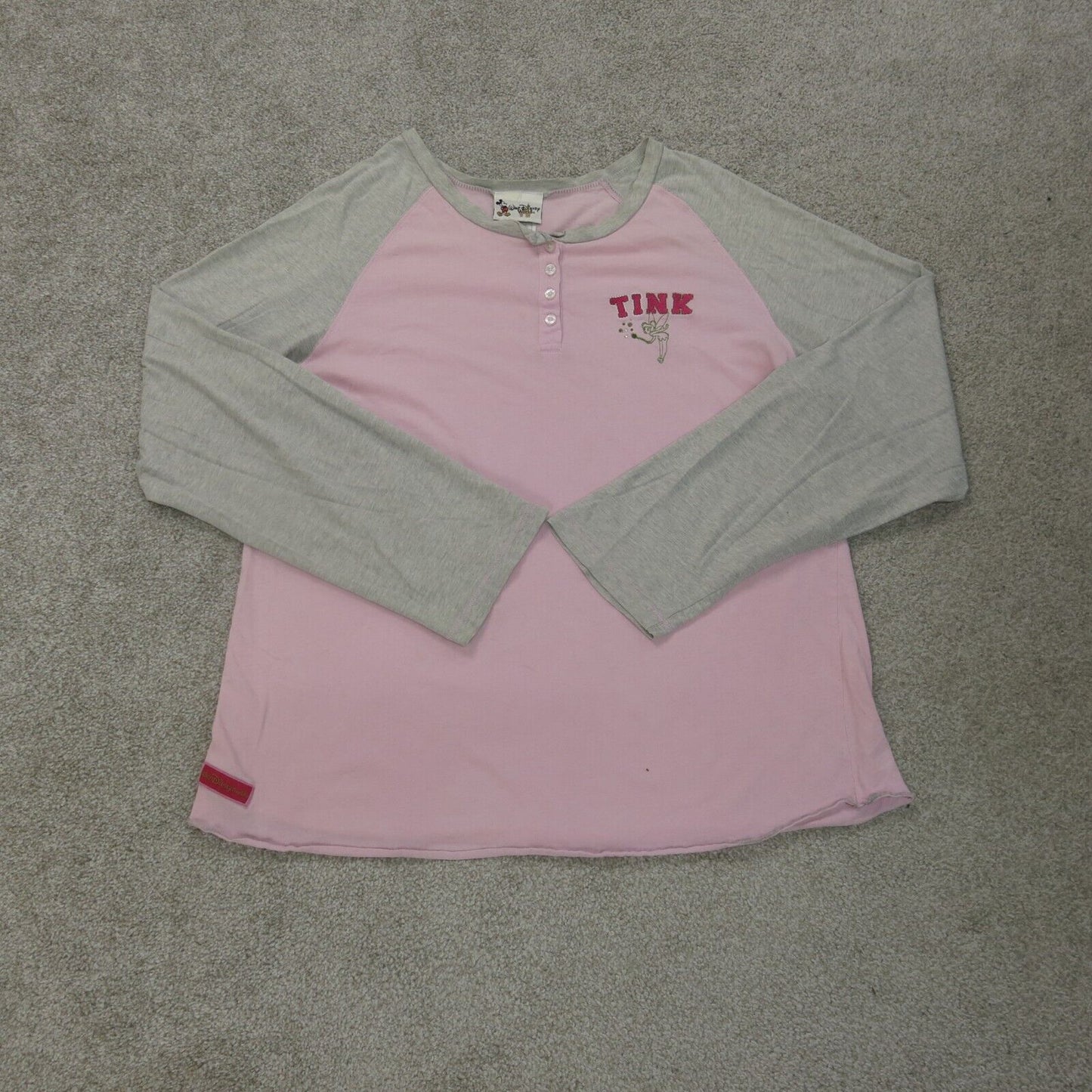Disney World Shirt Womens XXL Pink Henley Neck Tee Tink Long Sleeve 100% Cotton