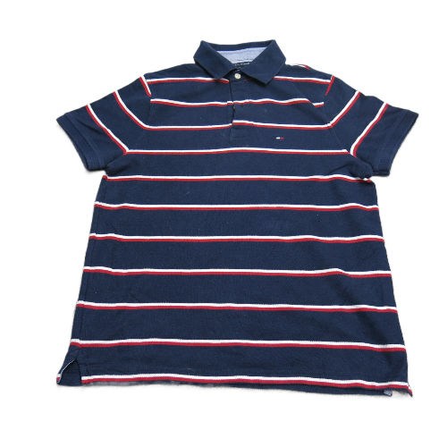 Tommy Hilfiger Mens Striped Polo Shirt Sleeves Navy Blue White Red Siz Goodfair