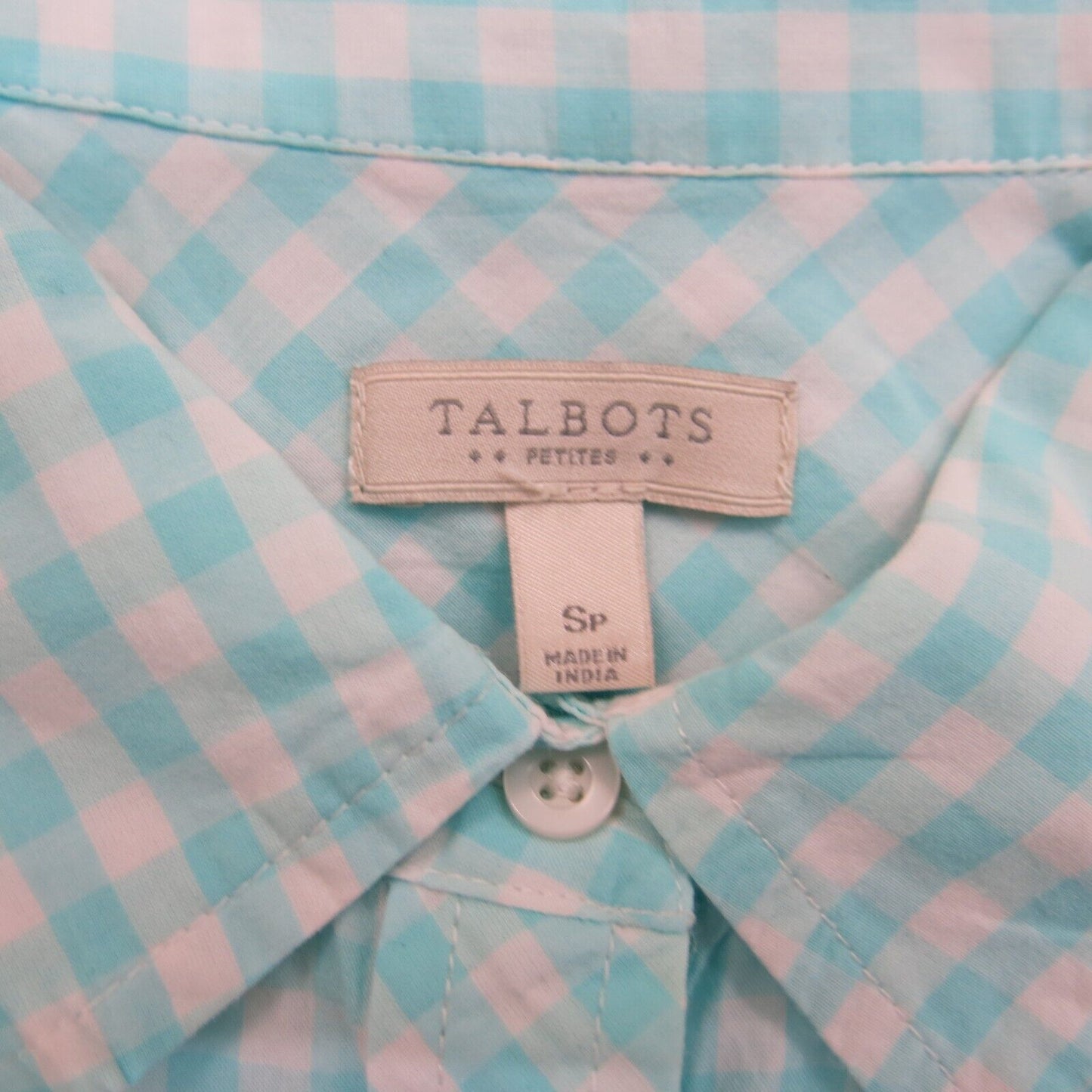Talbots Women Check Button Up Shirt Top Long Sleeves Aqua Blue Size Petite Small