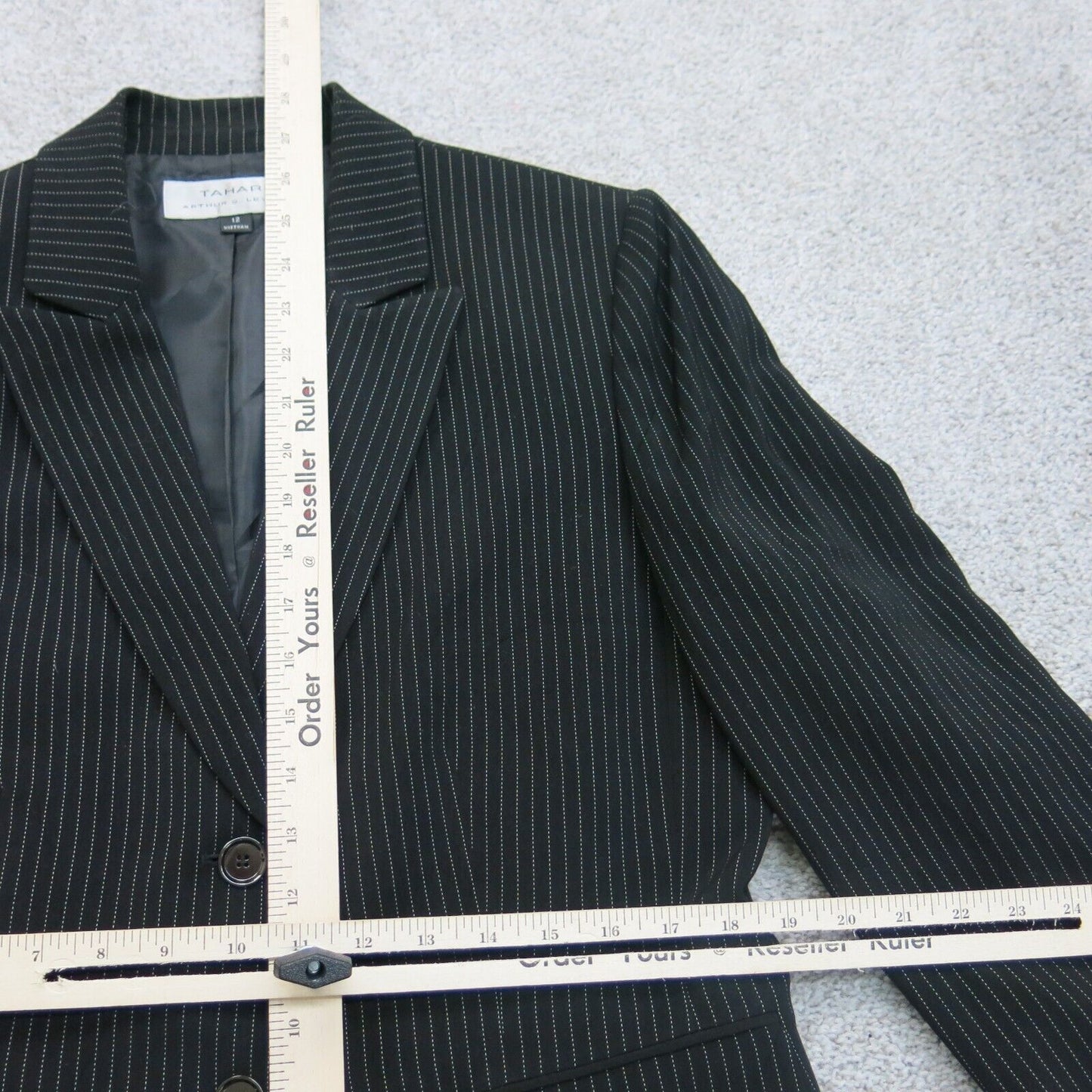 Tahari Womens Striped Blazer Coat Long Sleeves Flat Button Black Size 12