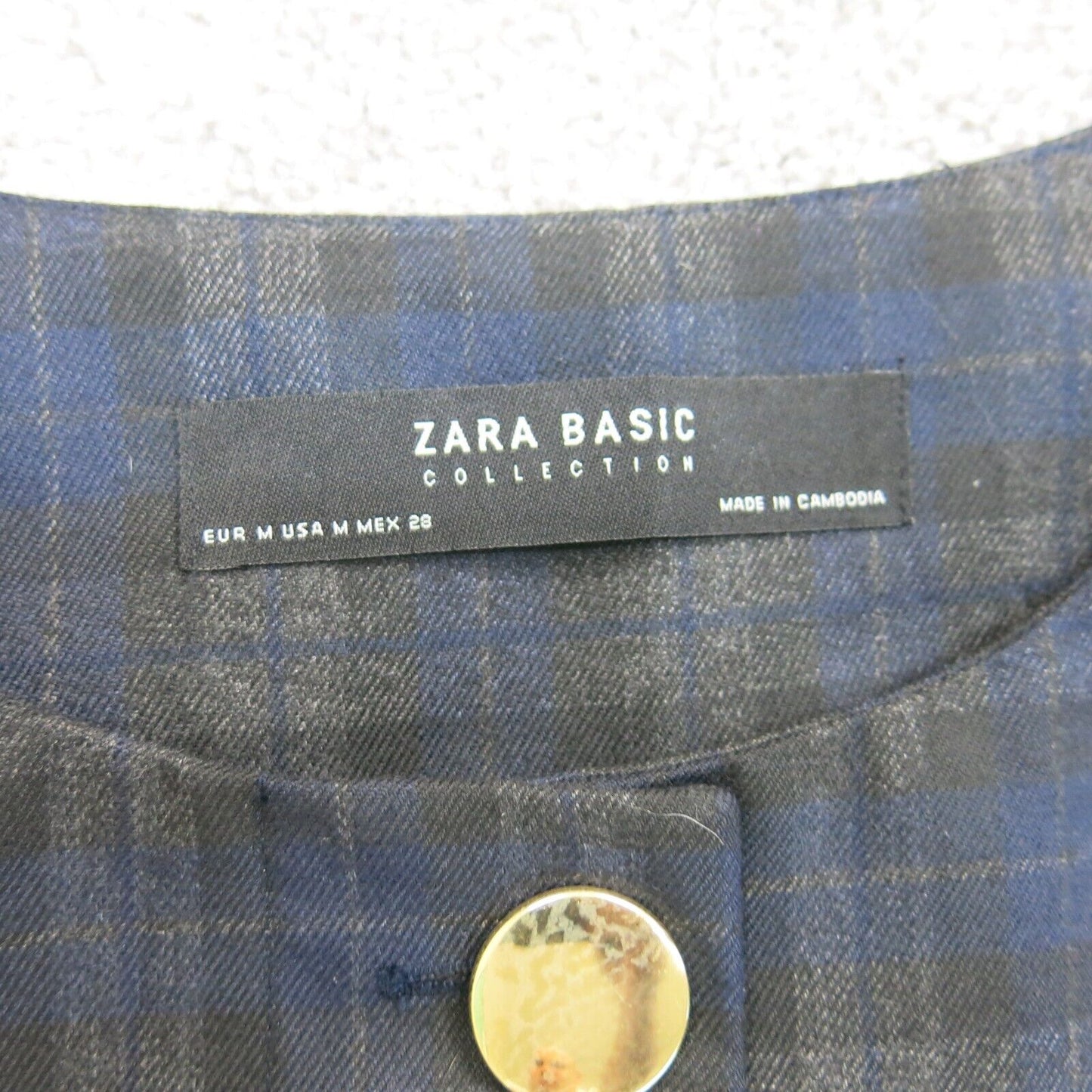 Zara Basics Women Check Crew Neck Blouse Top Bell Sleeves Blue Black Size Medium