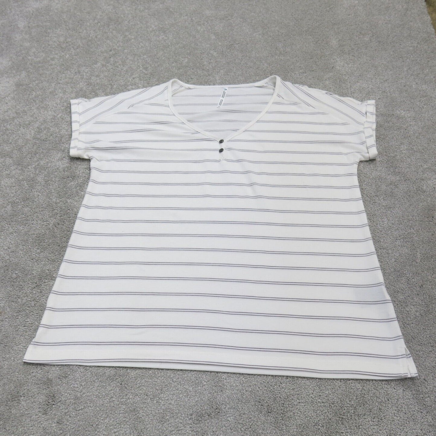Vintage Womens Henley V Neck T Shirt Top Striped Short Sleeve White Size Large