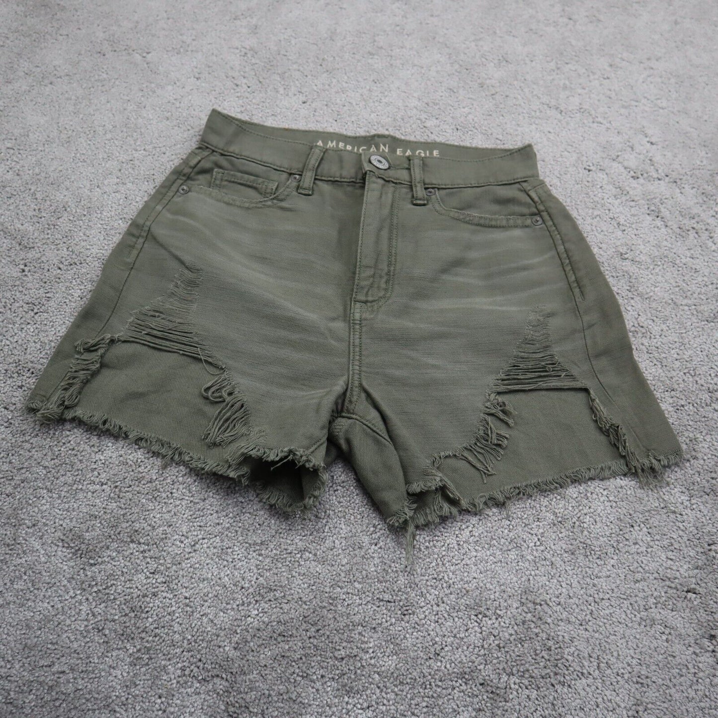 American Eagle Womens Cut Off Jean Shorts Mid Rise Distressed Green Size 000