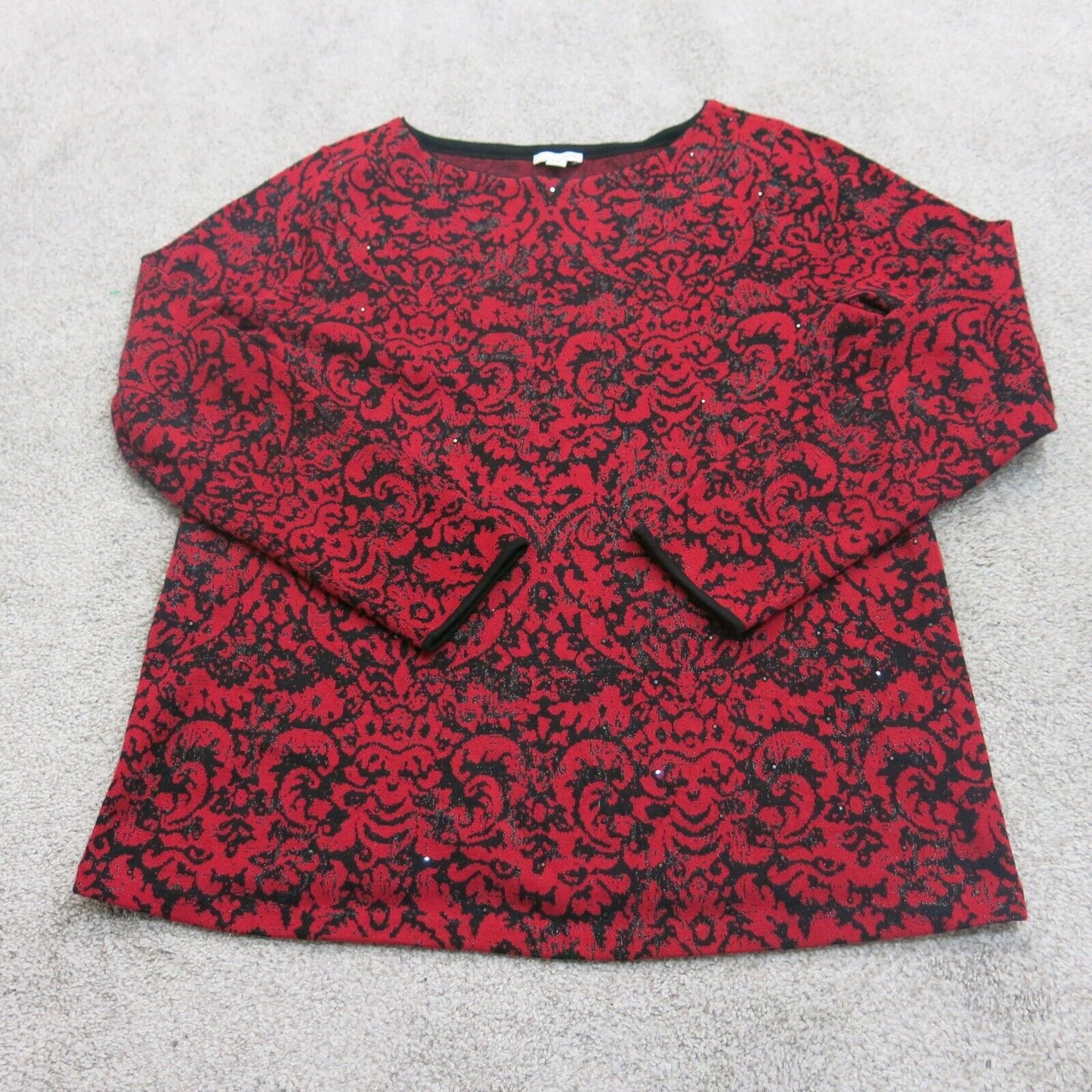 J. Jill Women Pullover Knitted Sweater Floral Long Sleeve Crew Neck Black Red M